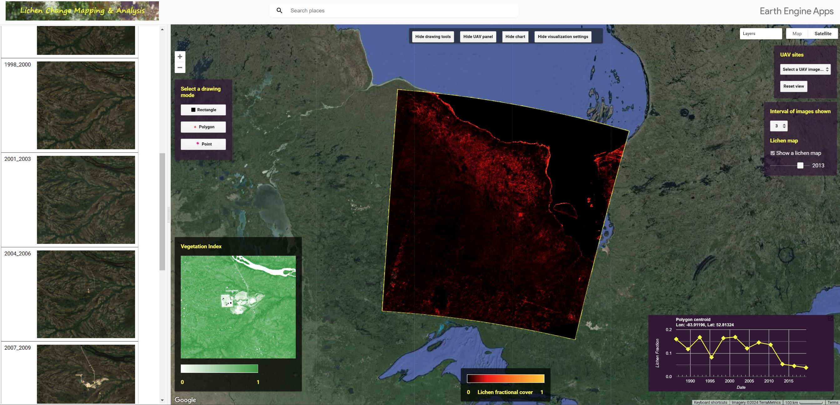 Caribou Lichen Time-Series Analysis in Northern Ontario - Google Earth Engine App